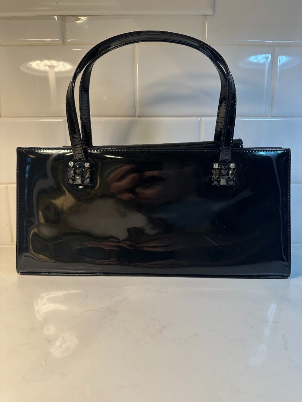 Stuart Weitzman Y2K High Gloss Black Patent Leather Top Handle Bag